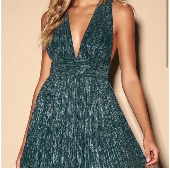 Lulus Dresses & Skirts - New Lulu’s Ailey Gold Teal Blue Skater Dress Small Party Cocktail